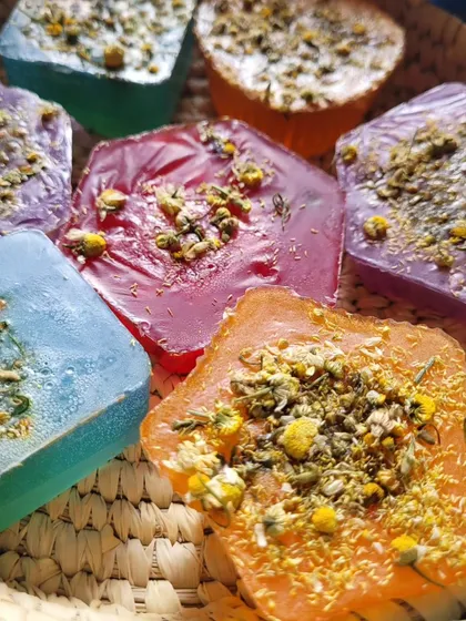 Look at these beautiful, handmade Chamomile soaps. I love making these because they are so gentle and calming for the skin. Each bar is packed with real chamomile flowers for a soothing cleanse.