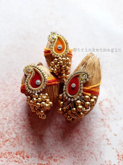These decorative Nariyals (coconuts) are a traditional part of Rakhi gifting. Mine are decorated with beautiful paisley designs and beadwork to make them extra special.