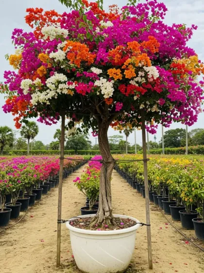 I specialize in creating these vibrant, multi-colored bougainvillea trees by grafting several different varieties onto a single trunk. This results in a spectacular, long-lasting bloom of pink, orange, white, and yellow flowers.