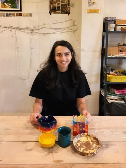 These bright, colorful pieces perfectly reflect the student's sunny personality. From hand-built forms to glazing without fear, she really let herself explore and enjoy the process during her beginner's course.