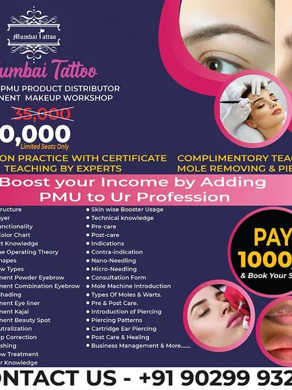Our Permanent Makeup workshop is designed to help you boost your income. This poster gives you all the details, from the curriculum covering skin structure and micro-shading to the special pricing. We even include complimentary training on mole removal and piercing.