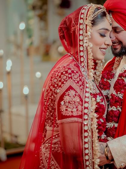 A candid, romantic moment between the bride and groom. The makeup is designed to be long-lasting and look flawless even in these close, intimate shots.