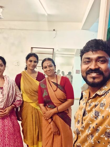 A quick picture after an energetic practice session with my students Bismol, Smrithi, and Deepa, along with vocalist Vinod Kumar. We were preparing for a forthcoming program.