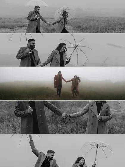 A series of black and white cinematic strips from the Meghalaya shoot. These images highlight the romantic, moody atmosphere of the location, focusing on the couple's interactions with each other and the foggy landscape.