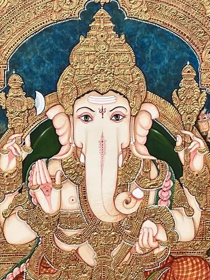 The soul of a Mysore painting lies in the serene, lifelike expression of the deity. This close-up of Lord Ganesha highlights the meticulous detail and skill we use to capture a face that radiates peace and wisdom.