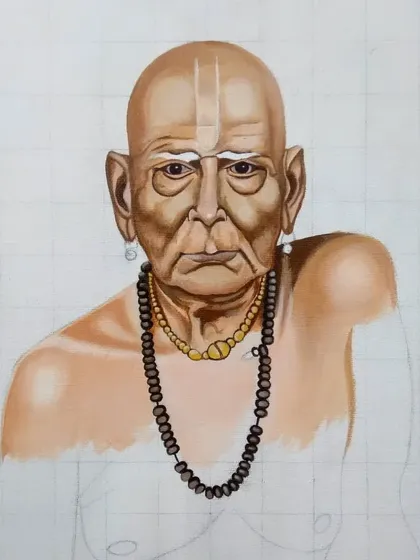 In this stage of the Swami Samarth commission, I'm focusing on the details of the face and the necklaces. The grid lines are still visible, guiding the placement of each element.