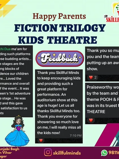 Written feedback from parents after our 'Fiction Trilogy' kids theatre show, praising the platform for building confidence.