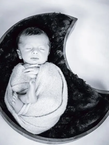A black and white version of the wooden moon bowl portrait, adding a timeless and artistic quality to the image.