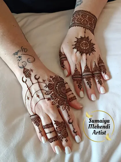 A very modern and unique set of designs, with a sun mandala and celestial motifs.