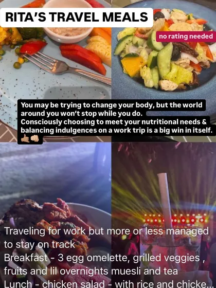 Staying on track while traveling for work is a huge win. This client managed her meals well on a work trip, balancing her nutritional needs with some indulgences. That’s what real-life progress looks like.