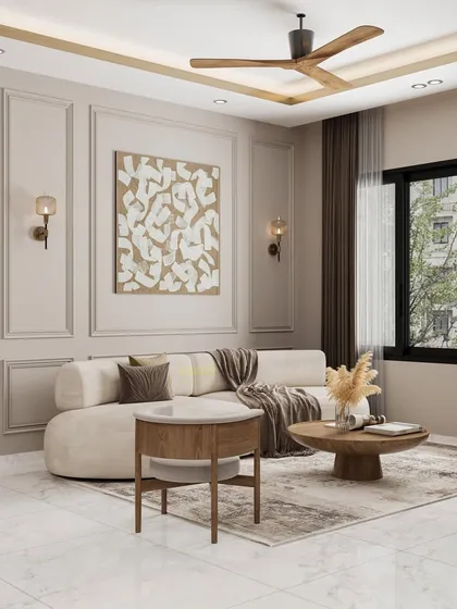 This view of the family lounge render highlights the seating area. I've used a curved modern sofa and classic wall mouldings to create a comfortable yet elegant space that blends contemporary and European styles.