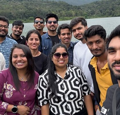 A group selfie by the serene Hirekolale Lake in Chikmagalur.