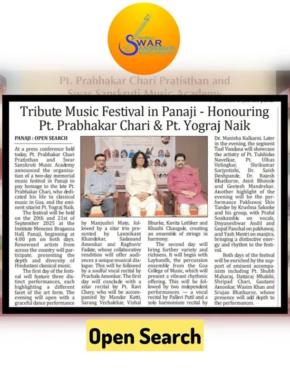 A press clipping from Open Search, detailing the lineup of renowned artists for our two-day tribute festival in Panaji.
