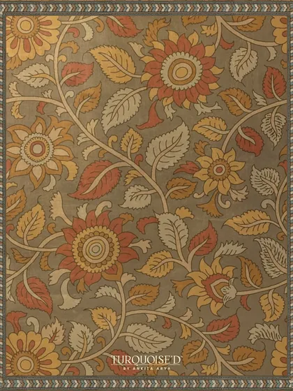 This swatch showcases a Kalamkari-inspired floral pattern in warm, earthy tones of mustard, rust, and brown. The design captures the hand-painted quality and intricate linework of the traditional art form.