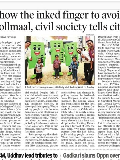 A Times of India report on the voter awareness campaign led by civil society groups, including my own. We took to the streets to urge citizens, especially first-time voters, to participate in the election.