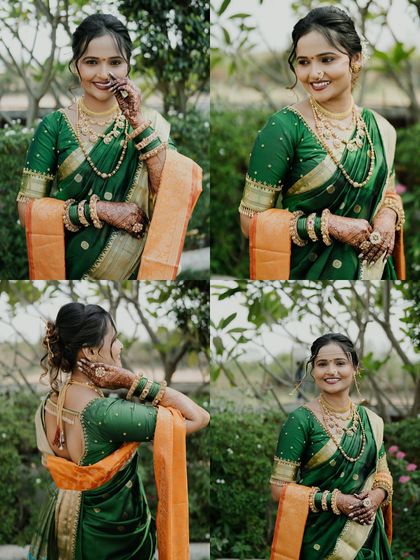 A collage of a beautiful Marathi bride on her wedding day, showing off her look from different angles.