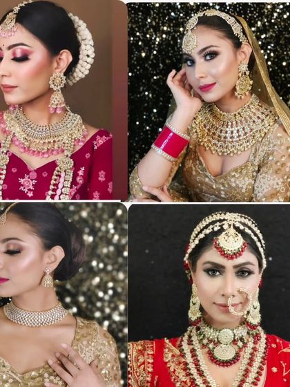 A collage of four different clients and models, showing looks ranging from heavy bridal to elegant reception styles.