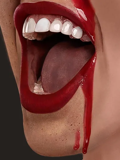 A close-up of the mouth from my conceptual piece. I spent a lot of time on the teeth, the texture of the tongue, and the glossy, dripping red lipstick to make it look as real as possible.