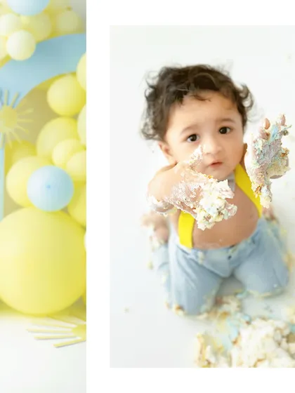 A close up on the delightful mess! Frosting covered hands are a hallmark of a successful cake smash. I love capturing these tactile details that tell the story of their first taste of birthday cake.