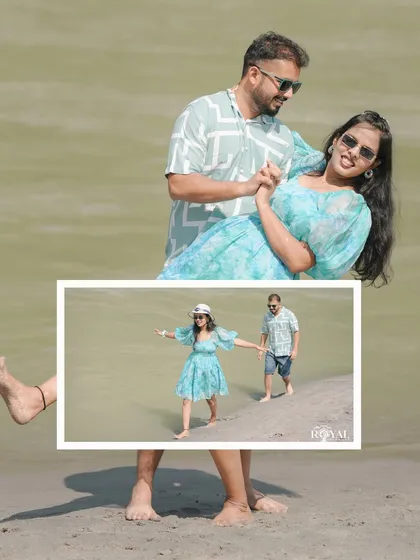 A creative and playful shot of a couple on the beach, with the main photo showing a dance-like pose.
