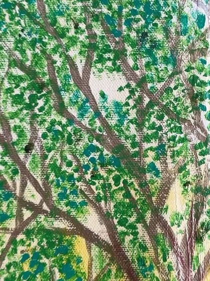 A close-up detail of the leaves on the 'Tree of Life', showing the pointillism-like technique used to create a full, lush canopy.