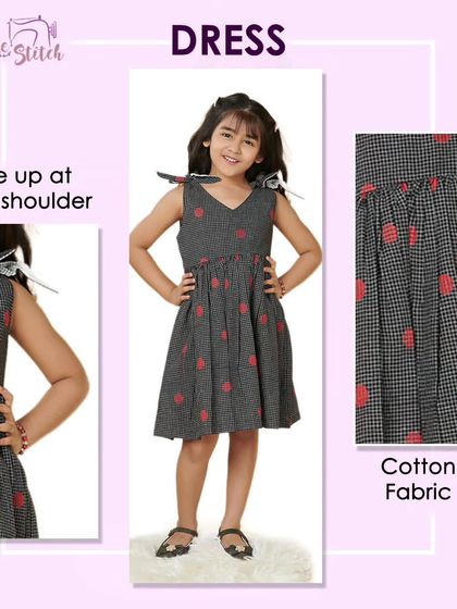 This dress is the ABCD of perfect clothing: Adorable, Breathable, Cotton Dress! The graphic highlights its key features, like the tie-up shoulders and soft cotton fabric, making it a great choice for any little girl.