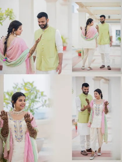 A collage of playful and happy moments from a Mehendi ceremony. It shows the couple's fun-loving relationship and the joy of the pre-wedding rituals.