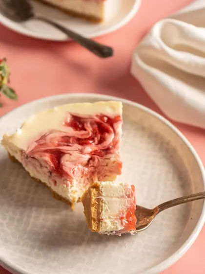 Know someone who loves cheesecake? My Baked Strawberry Cheesecake is a dreamy, creamy, egg-free delight, swirled with house-made fresh strawberry compote.