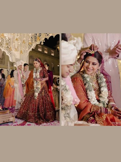 A two-panel shot showing the bride's grand entrance and a close-up of the sindoor ceremony.