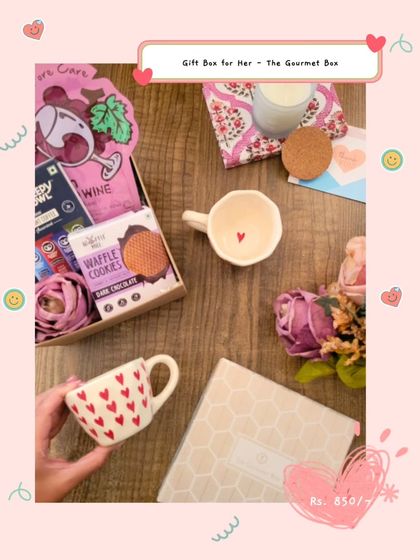 This 'Gift for Her' box is a customer favorite for Valentine's Day. It includes cute mugs, waffle cookies, and other thoughtful items, all for just 850 rupees.