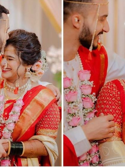 A candid moment from a beautiful Maharashtrian wedding. The bride's soft floral bun adds a touch of romance to her traditional look.