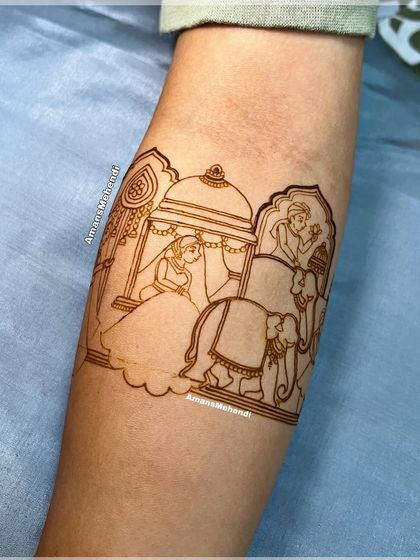 The beginning of a beautiful doli scene. This outline shows the bride seated in her palanquin, carried by bearers, with an elephant leading the procession.