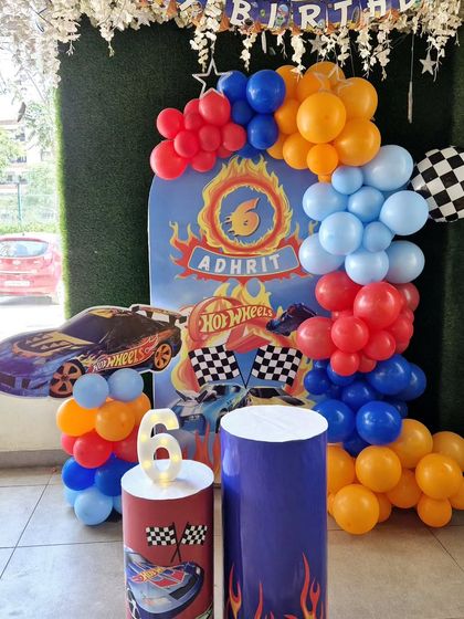 A compact and dynamic Hot Wheels party setup, perfect for smaller spaces.