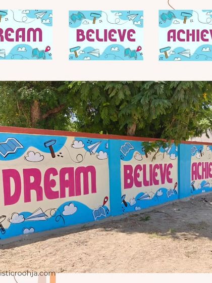 The digital design and final painted version of a "Dream Believe Achieve" mural.