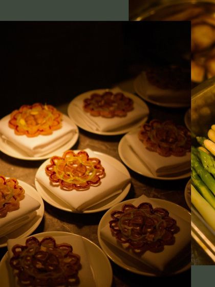A collage of dishes and decor from a luxury event at the Taj Mahal Mumbai.