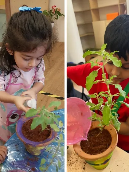 A split image showing children watering their newly potted plants. This teaches them about the responsibility of caring for a living thing.