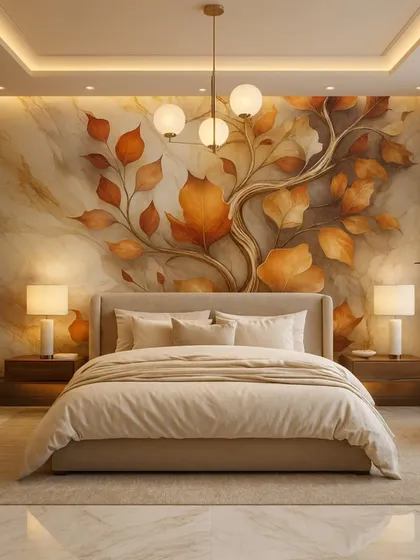 This bedroom features a stunning 3D wallpaper of autumn leaves on a marble-effect background. The warm colors and elegant design create a cozy and inviting atmosphere.