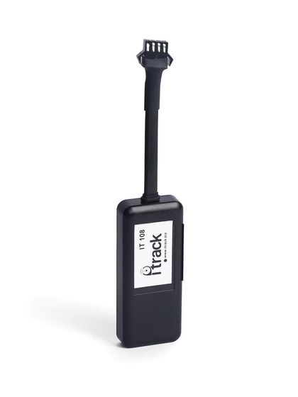 A vertical shot of a slim GPS tracking device with its connecting cable. We compose shots to best fit the product's shape and dimensions.