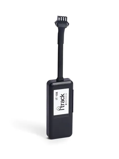 A vertical shot of a slim GPS tracking device with its connecting cable. We compose shots to best fit the product's shape and dimensions.