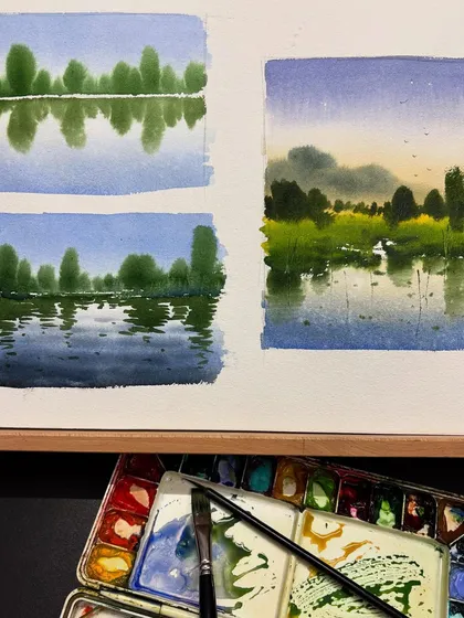 These small watercolor studies focus on painting reflections in water. It's a fundamental skill for landscape painting that I cover in my online classes.
