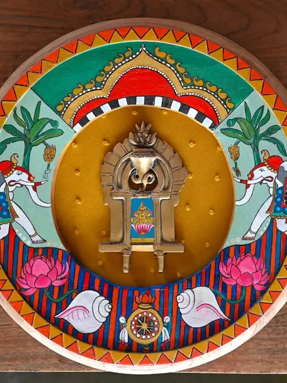 A full view of the hand-painted Brihaspati (Jupiter) frame. The artwork is rich with symbolism, including his elephant mount, the conch, and the lotus, all representing his status as the embodiment of wisdom and knowledge.