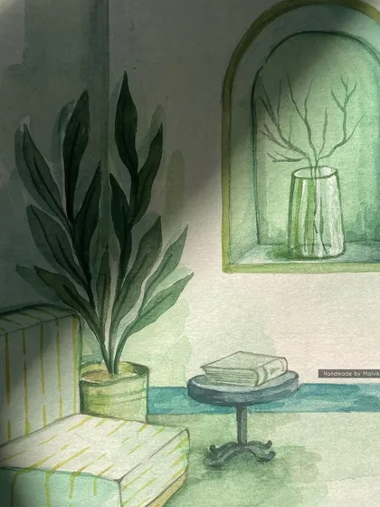 Another watercolor study of a peaceful corner in a home. I focused on a green color palette to create a sense of calm and connection to nature, with light filtering in to highlight the plants and books.