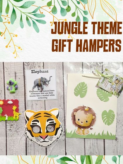 This jungle hamper includes a fun tiger mask, an educational animal figurine card, a finger puppet, and a foam photo frame, all packed in a cute lion-themed bag.