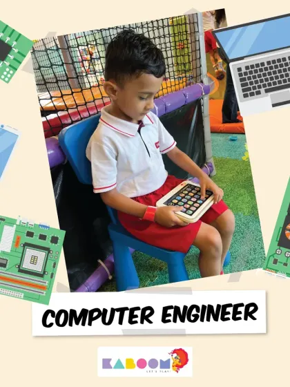 A future computer engineer at work! Our play-based learning toys spark curiosity about different professions.