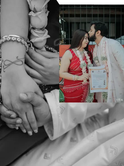 A collage of significant details from the court marriage. It shows the couple holding their marriage certificate, a close-up of their intertwined hands, and a sweet kiss on the forehead.