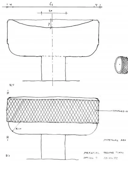 A technical sketch for a custom-designed brass knob, showing the dimensions and knurled edge detail. This level of precision in our drawings ensures that the final fabricated piece matches our exact intent.