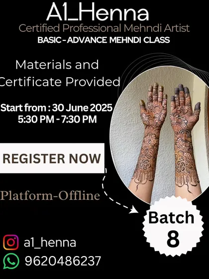 Join my next Basic to Advance Mehndi Class right here in Bangalore. This poster has all the details to get you started on your journey to becoming a professional mehndi artist.