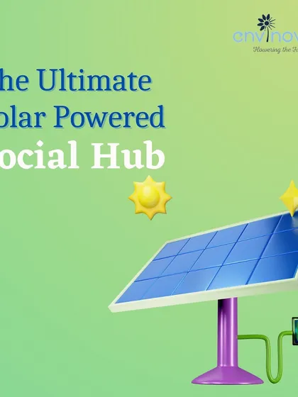 An illustration of our "Ultimate Solar Powered Social Hub" concept. We are revolutionizing public spaces by providing a suite of modern conveniences powered entirely by clean, solar energy.