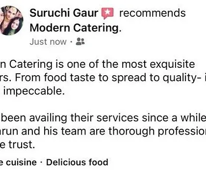 A wonderful review from Suruchi Gaur, who calls our service "impeccable" from taste to quality. We are proud to be the professionals she trusts for her events.