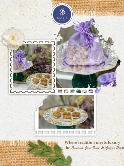 A collage showing where tradition meets luxury. The Emerald Glow Bowl and Gulzar Platter are perfect for serving both dry fruits and sweets in an elegant style.